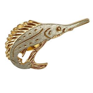 Vintage Sailfish Swordfish Mens Tie Tac Pin Two Tone Silver Gold Fish Nautical